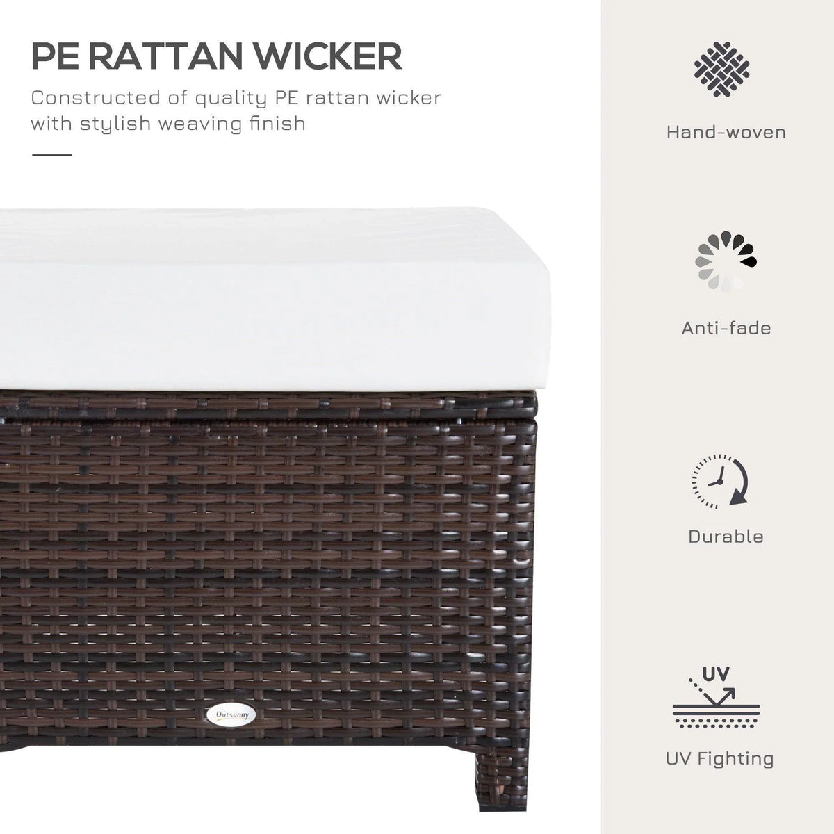 Brown PE rattan ottoman with white cushion, hand-woven texture and sturdy legs.