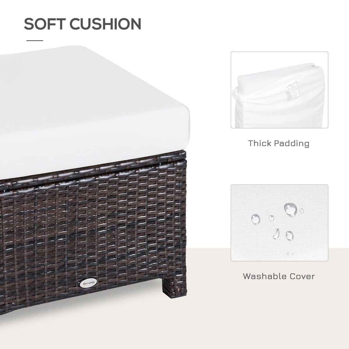 Brown rattan ottoman with thick white cushion and washable cover, front corner view.
