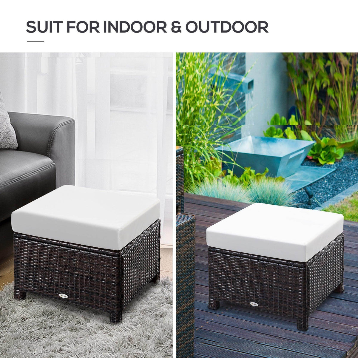 Brown rattan ottoman with white cushion, shown in indoor and outdoor-style settings.