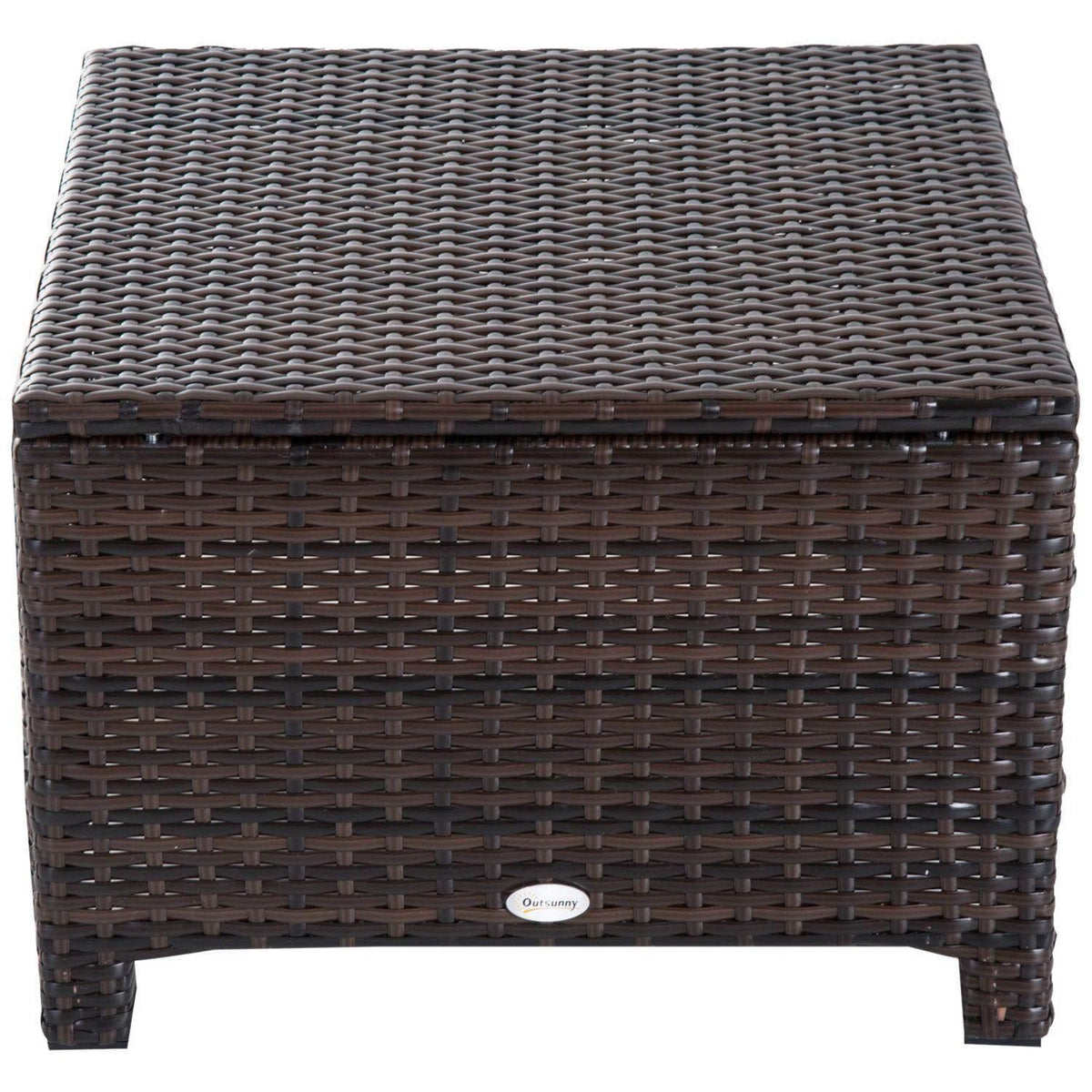 Brown woven rattan ottoman with white cushion top and low legs, front view.