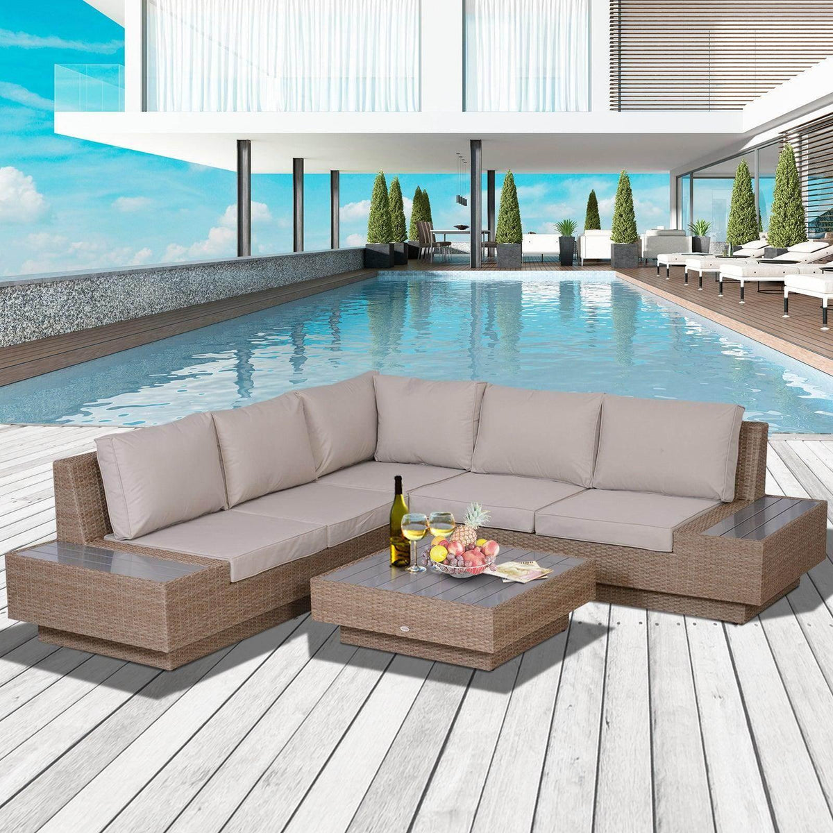 Beige corner outdoor sofa set with light cushions and woven rattan coffee table