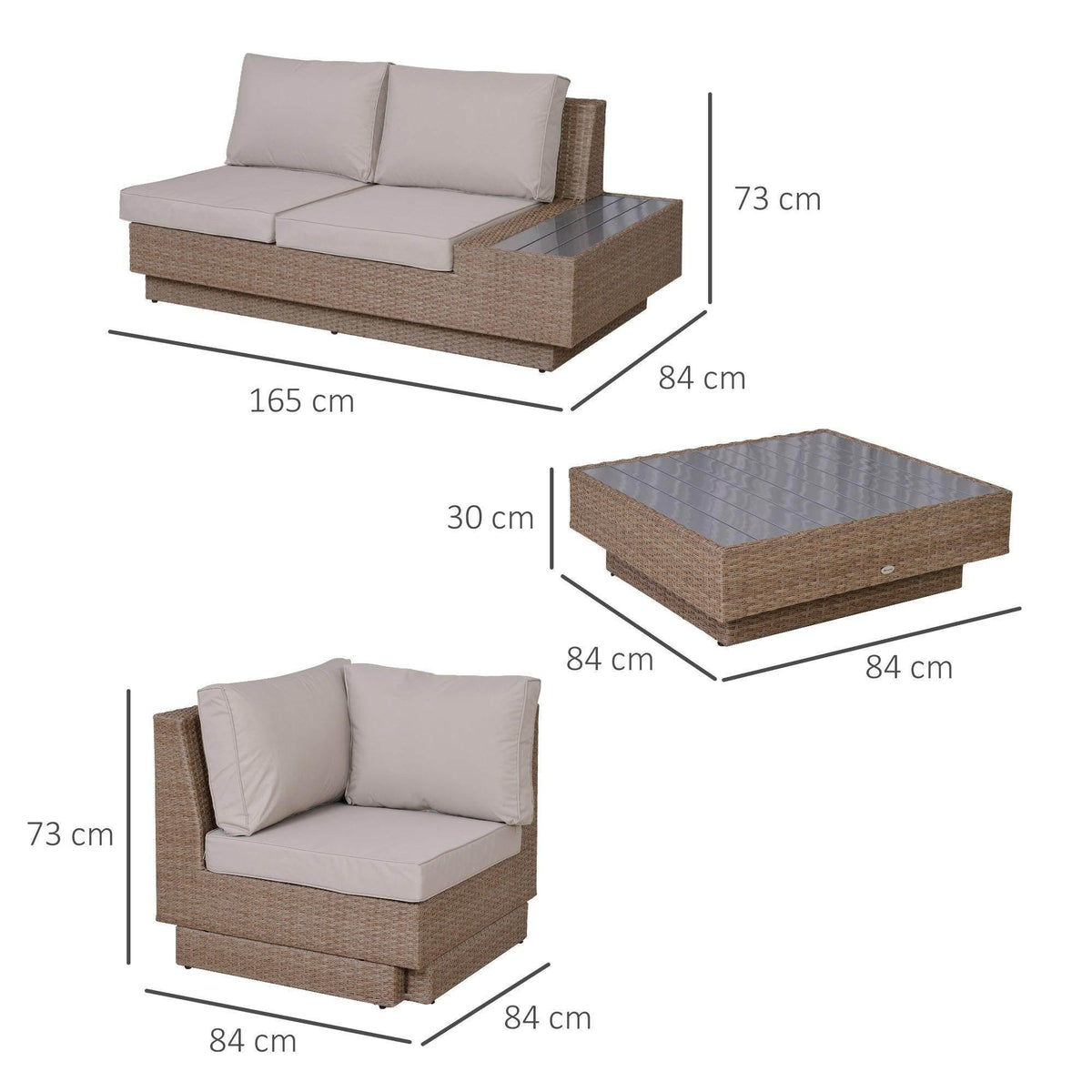 Outdoor corner sofa and rectangular coffee table, beige cushions, woven rattan frame