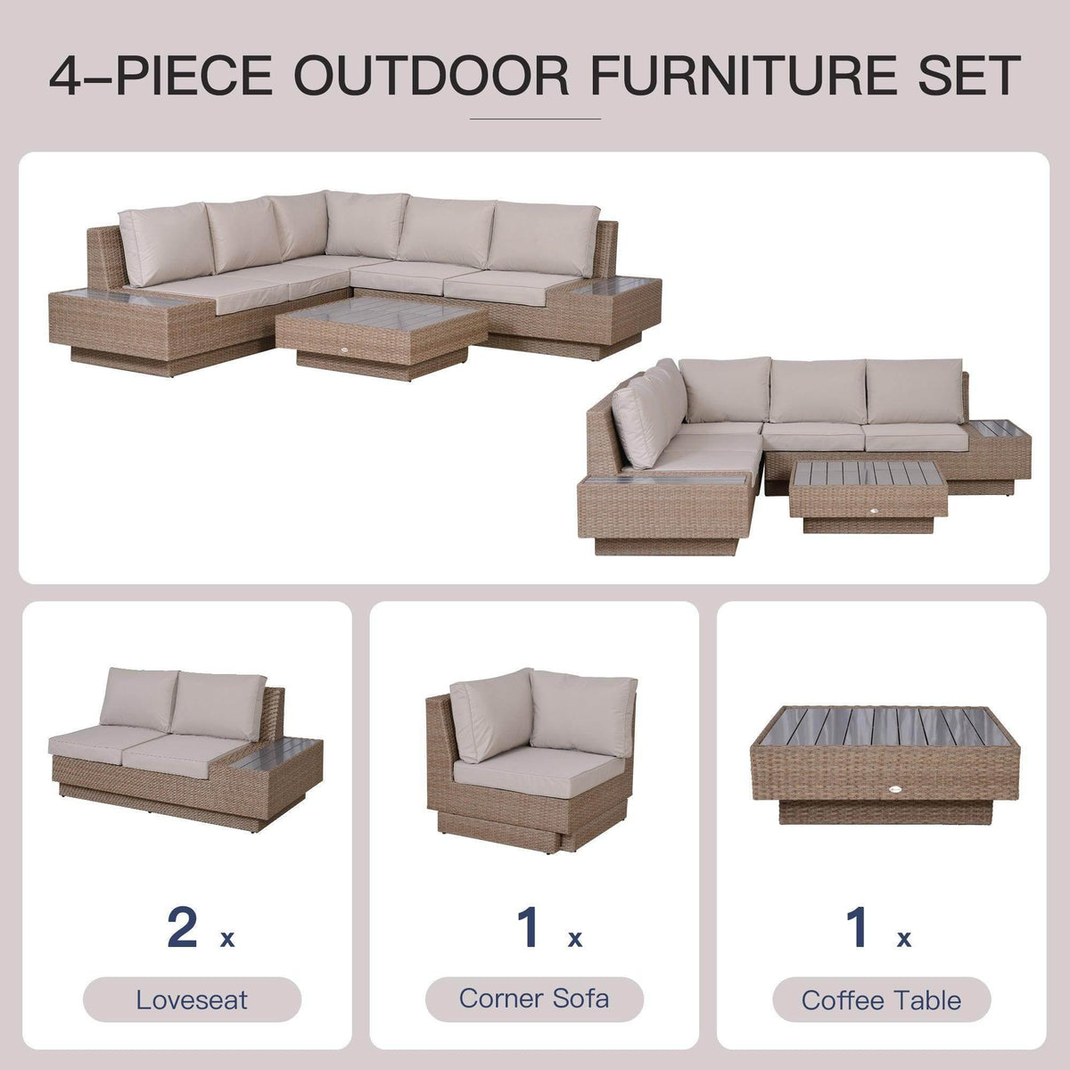 Woven rattan 4-piece outdoor sofa set with beige cushions and matching coffee table