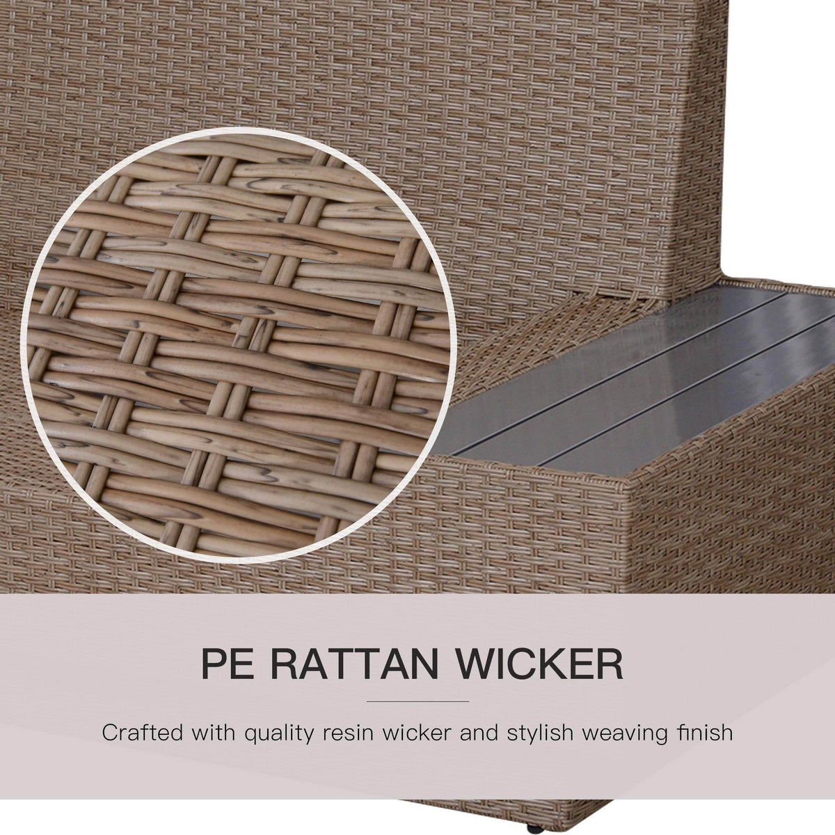 Woven resin rattan armrest with rounded edge detail and textured pattern