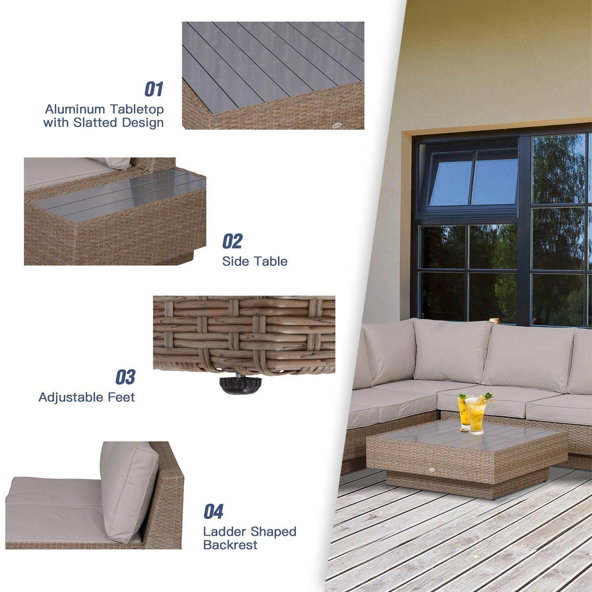 Corner sofa set with woven rattan coffee table and slatted aluminum tabletop, beige cushions
