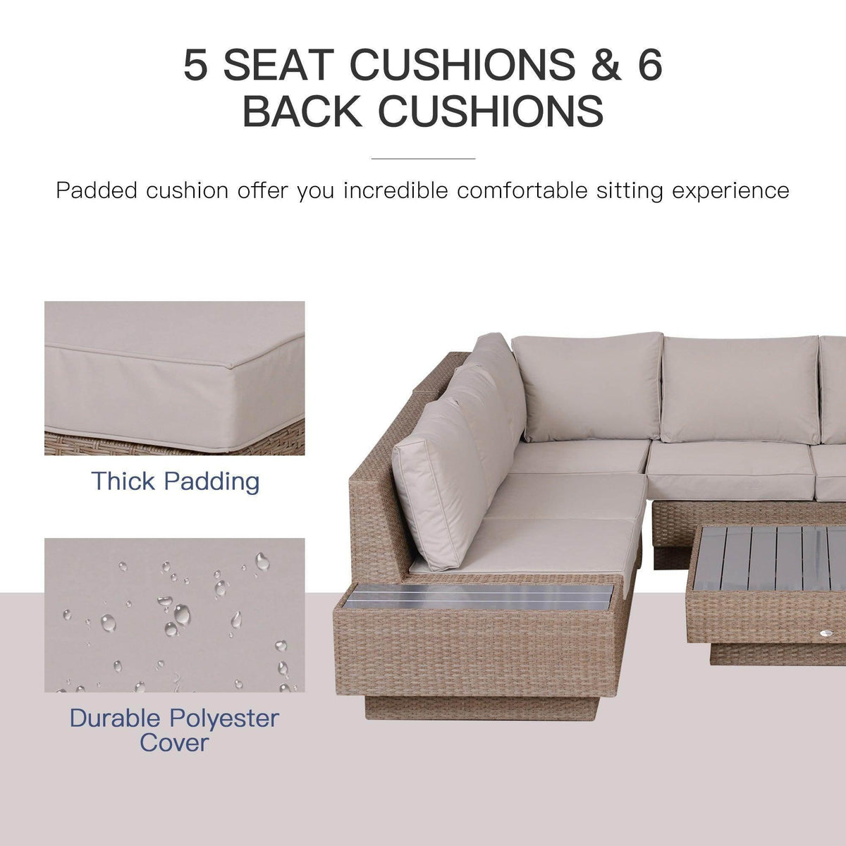 Beige seat and back cushions with thick padding on woven rattan base and table
