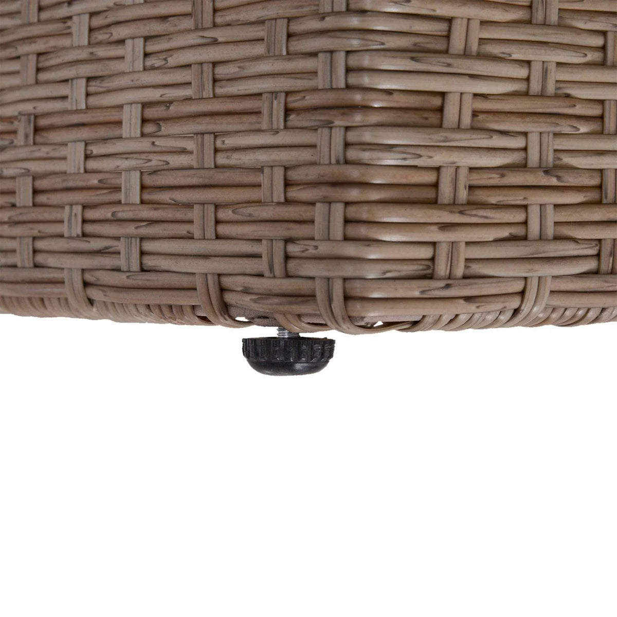 Close-up of woven rattan pattern on outdoor furniture base with adjustable foot