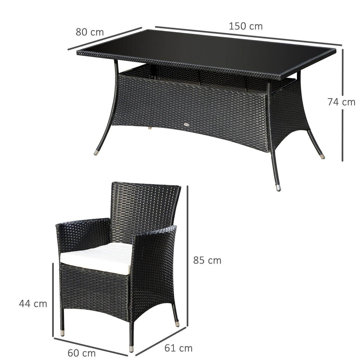 Rectangular outdoor dining table with dark woven rattan design and slender legs