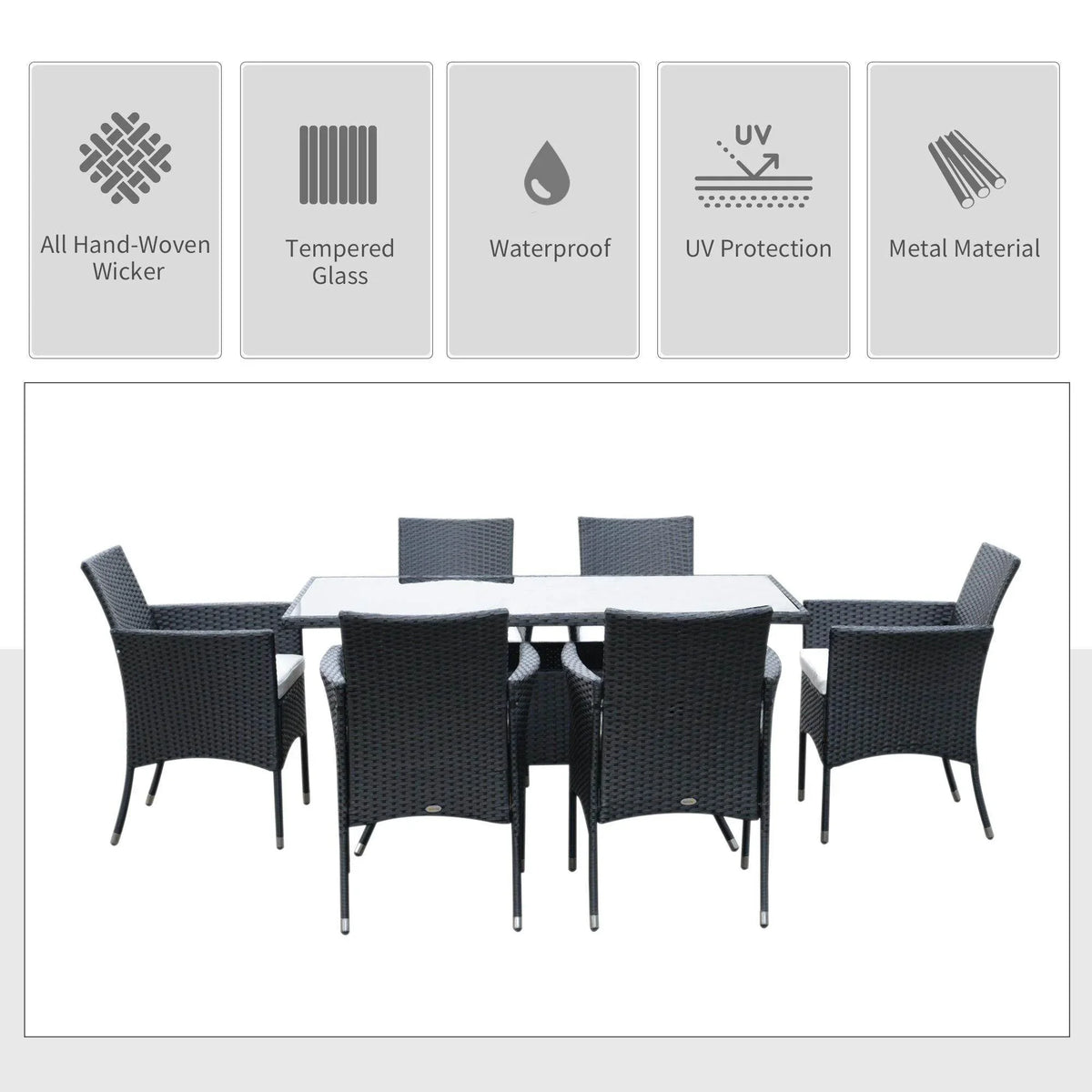 Outdoor dining set with dark woven chairs around a glass-top table