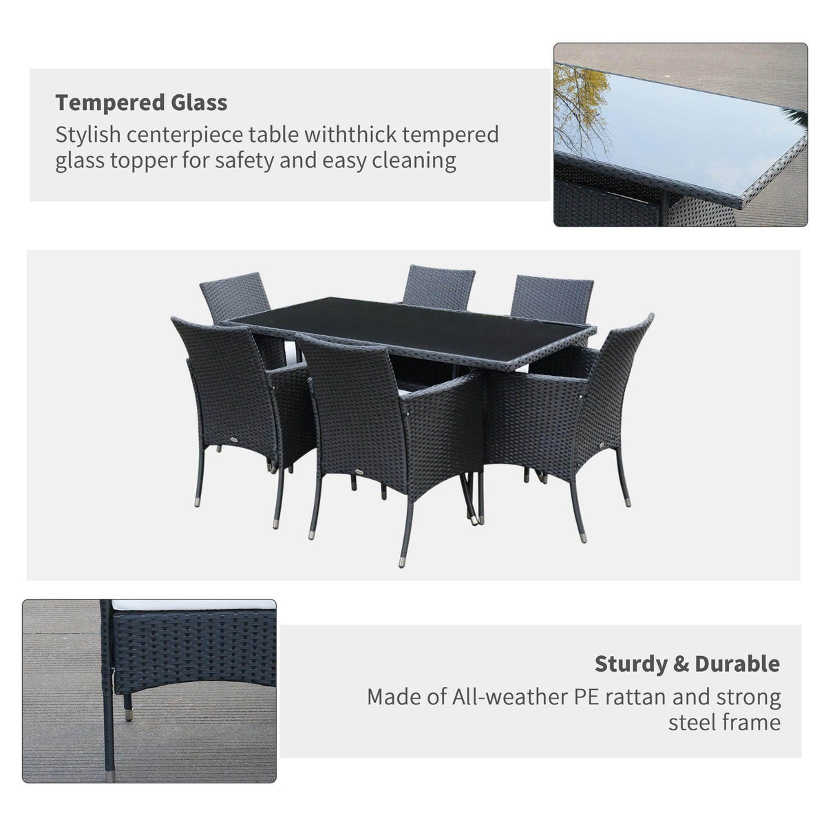 Outdoor dining set with dark woven chairs and rectangular glass tabletop