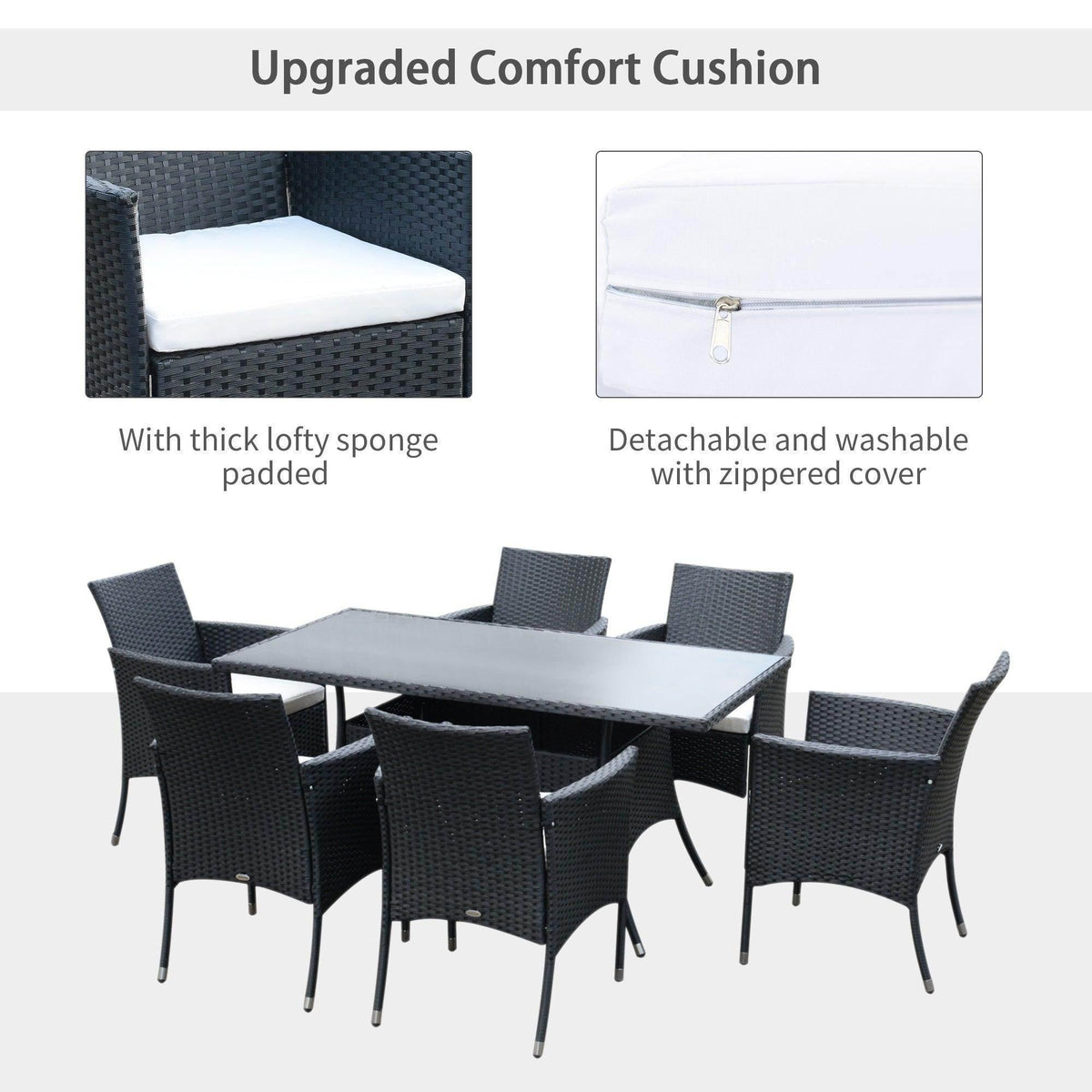 Outdoor dining chairs with white seat cushions around a glass-top table