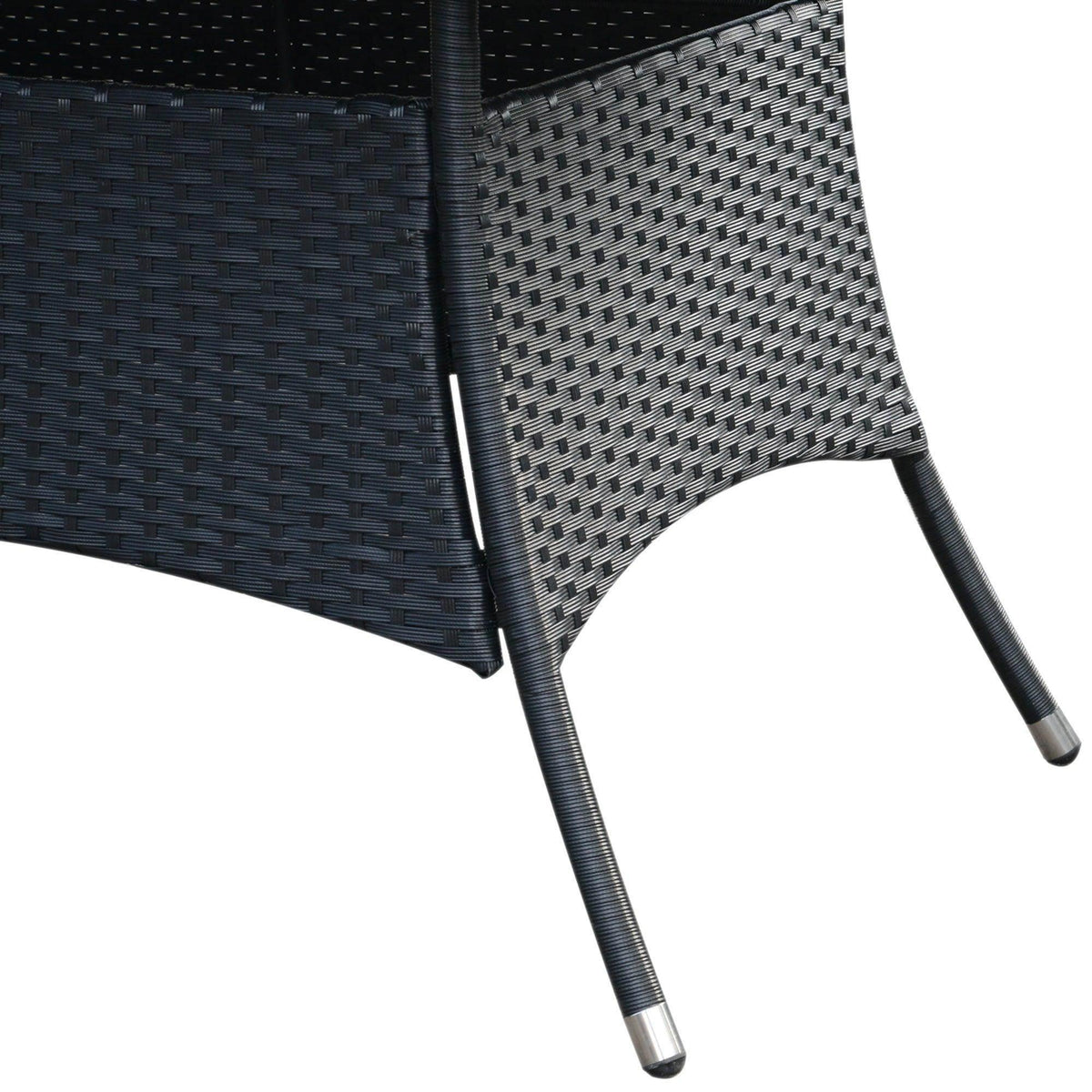 Dark woven patio chair with metal legs and protective foot glides