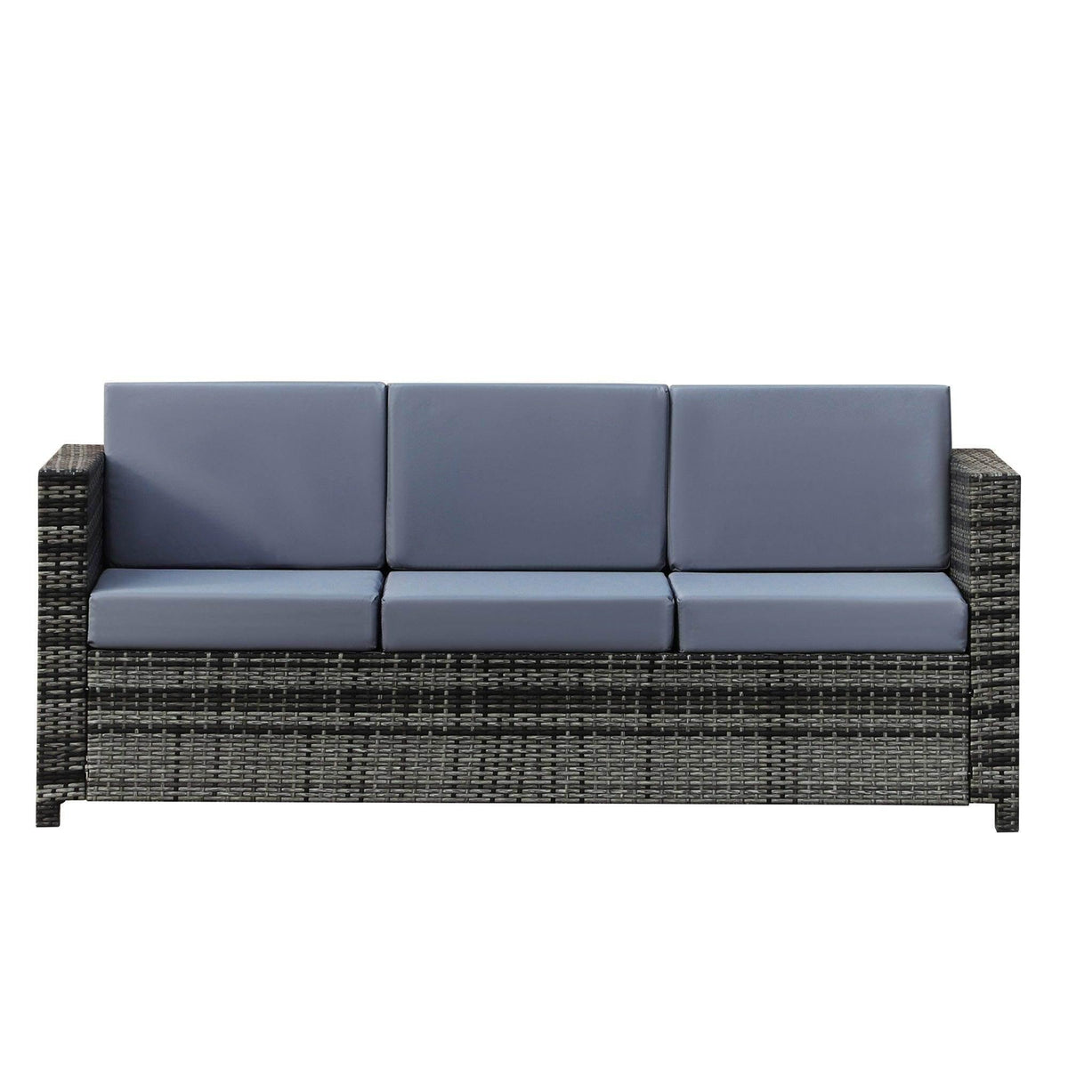 3-seater rattan sofa with dark grey woven base and three grey padded back cushions