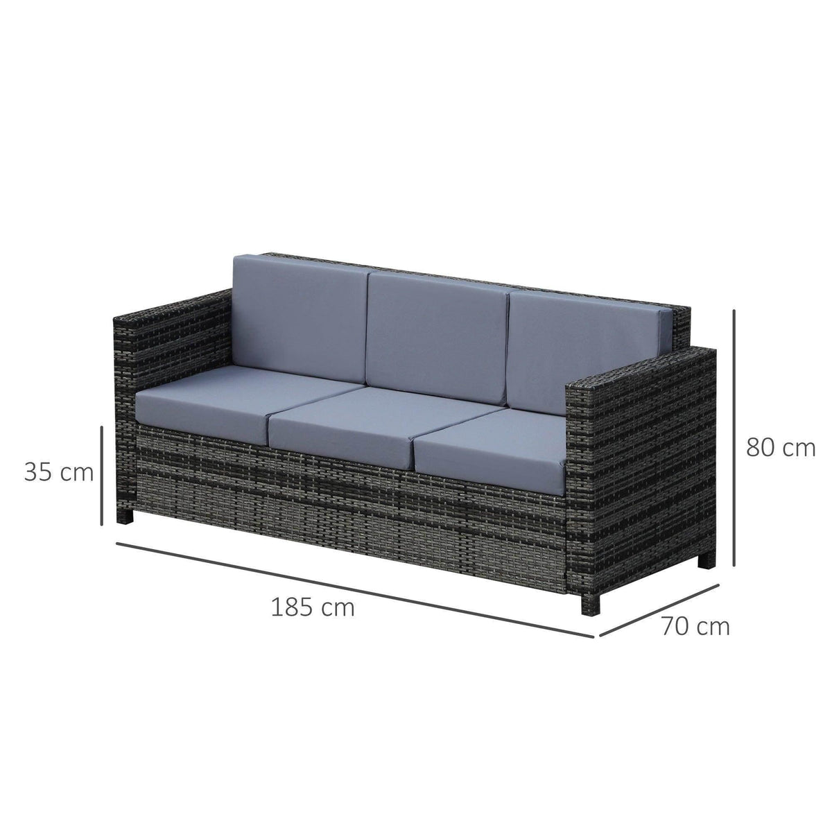 All-weather rattan sofa with dark grey woven frame and 3-seat grey cushion set