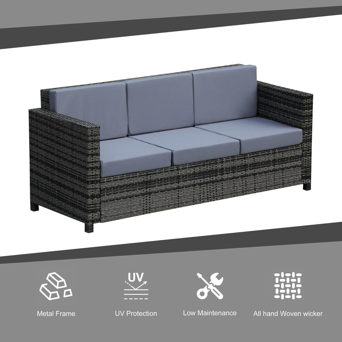 Dark grey woven rattan sofa with three back cushions and two-piece seat cushions