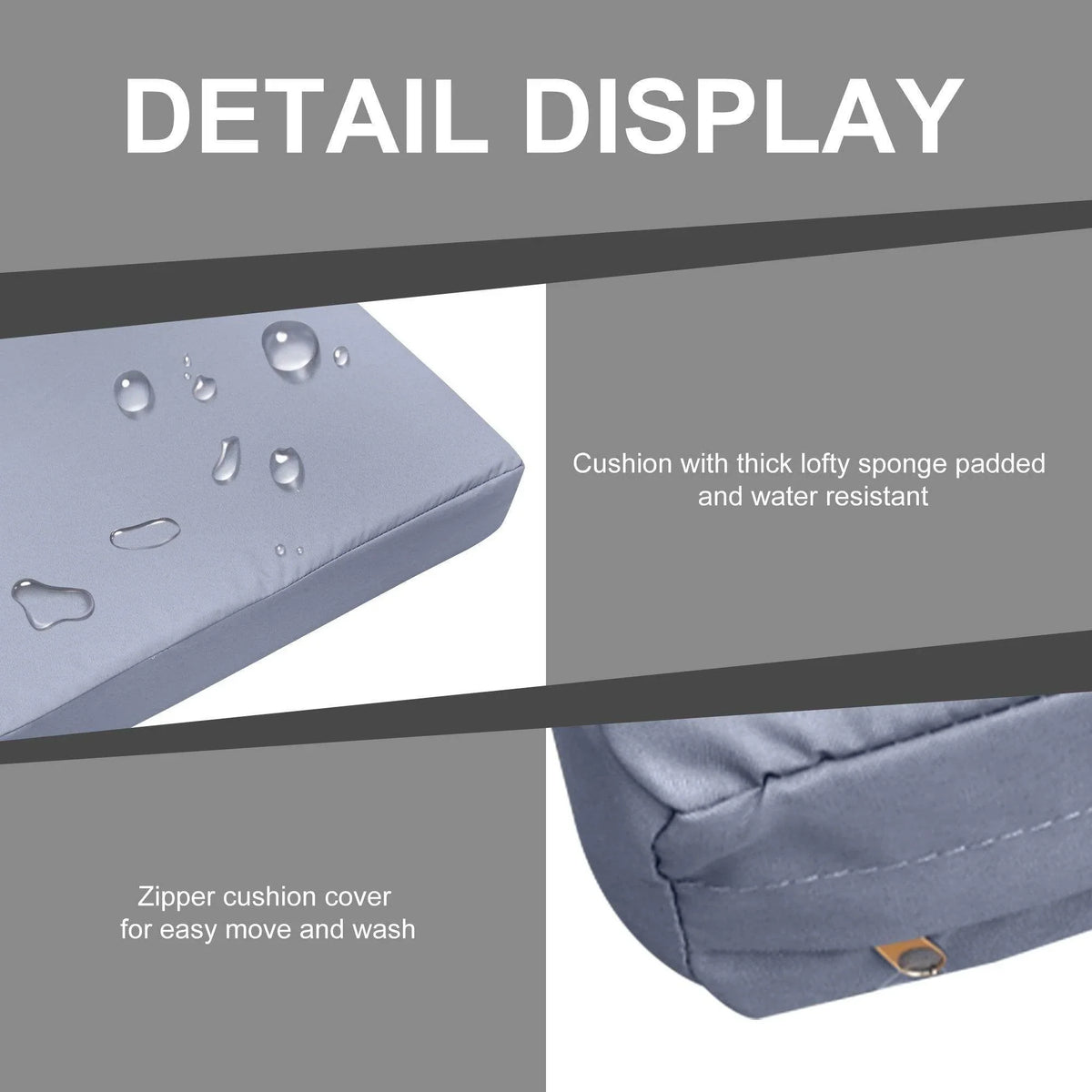 Grey sofa cushion corner detail with zipper cover and water-resistant padded padding