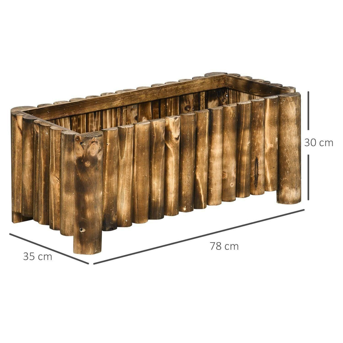 Rectangular wooden planter box with front, side, and height measurement view