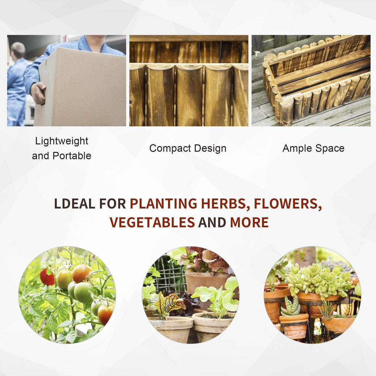 Rectangular wooden planter box shown from multiple angles in a compact layout