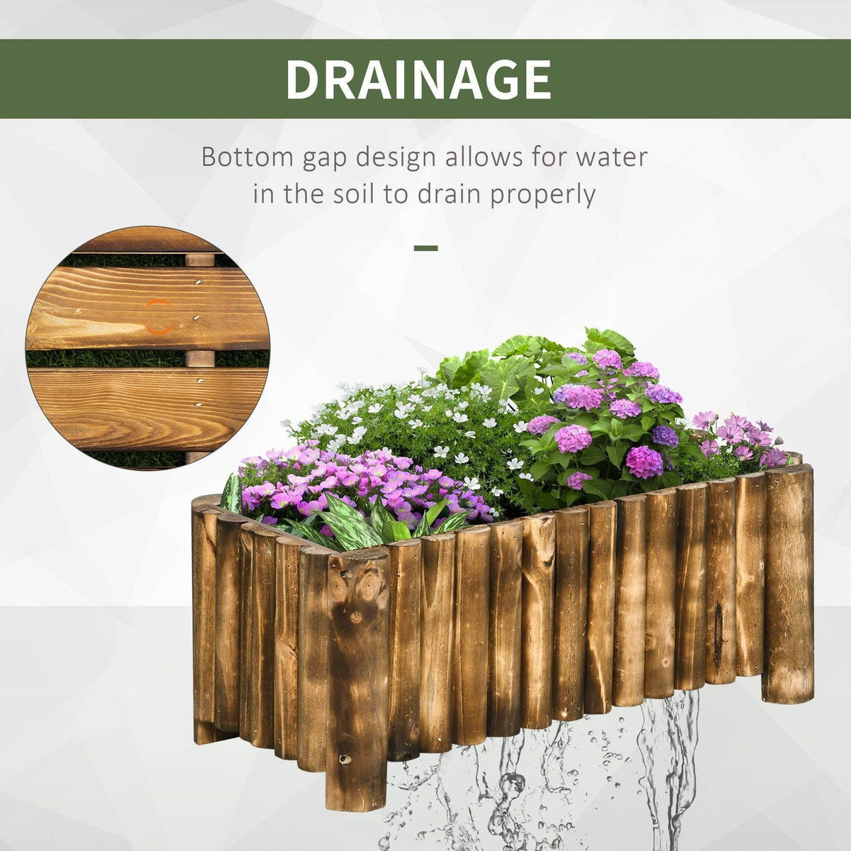 Rectangular wooden planter box with purple flowers and a water-drainage splash graphic