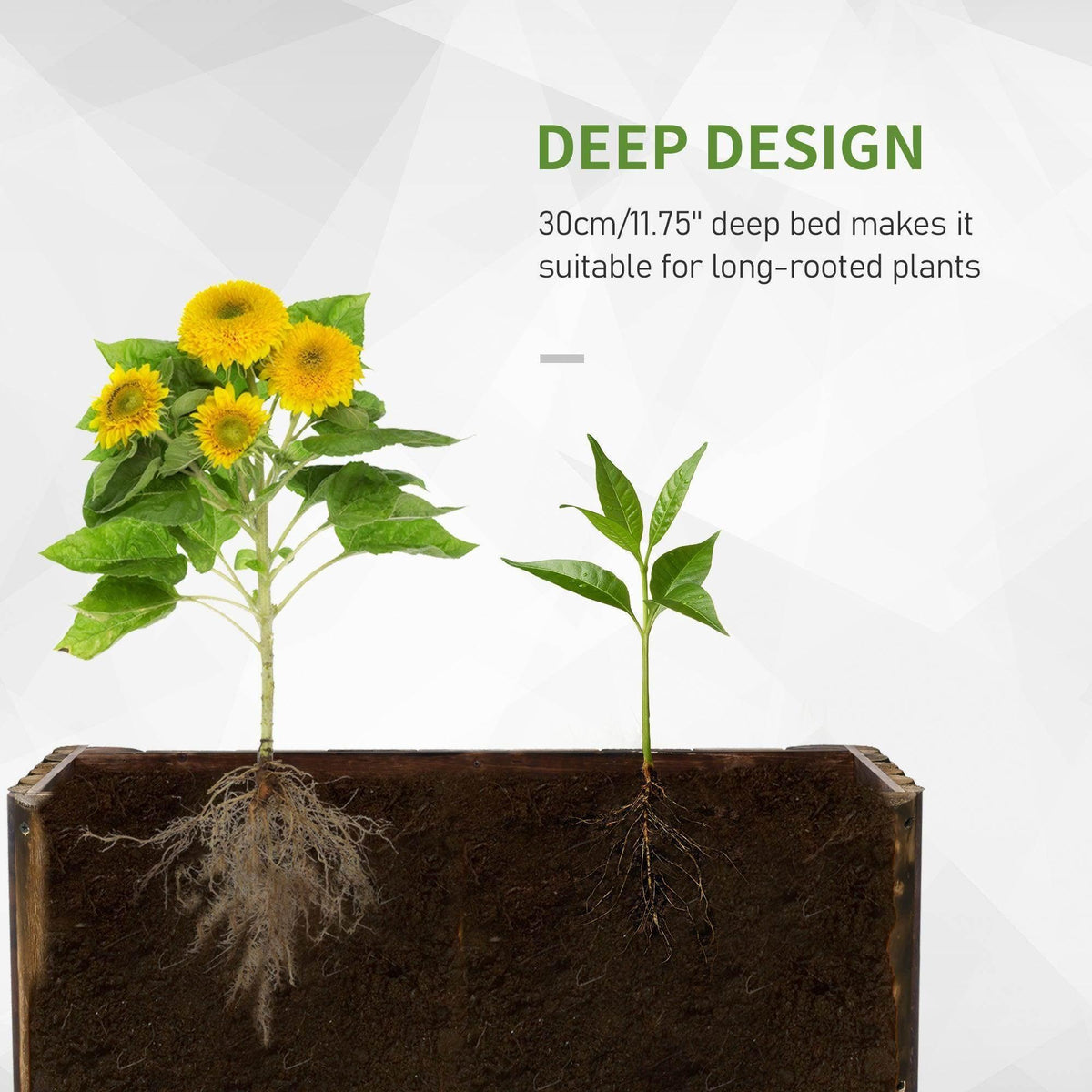 Rectangular wooden planter box with deep soil bed and plant roots visible