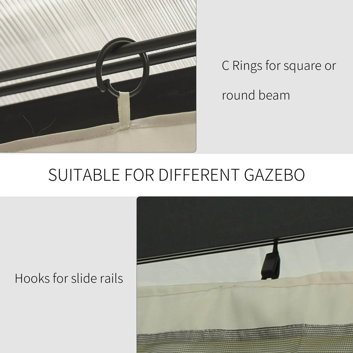 Black C-ring hooks for slide rails to attach beige sidewalls to a gazebo frame