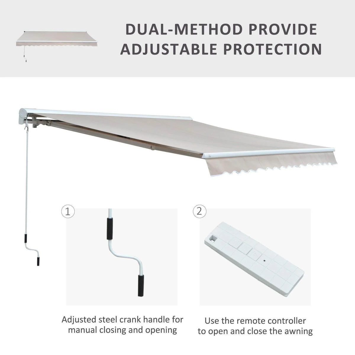 Retractable awning with remote control and manual crank for adjustable protection