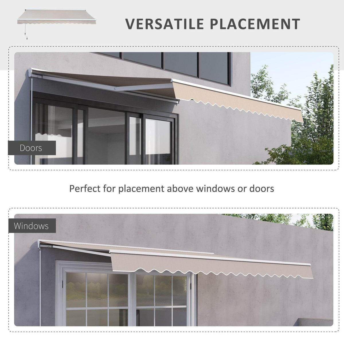 Retractable awning installed above doors and windows with scalloped hem