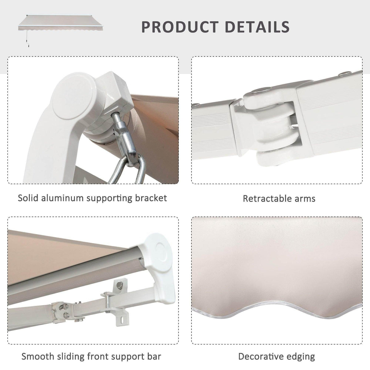 Retractable awning hardware details: aluminum bracket, smooth front bar, scalloped edging