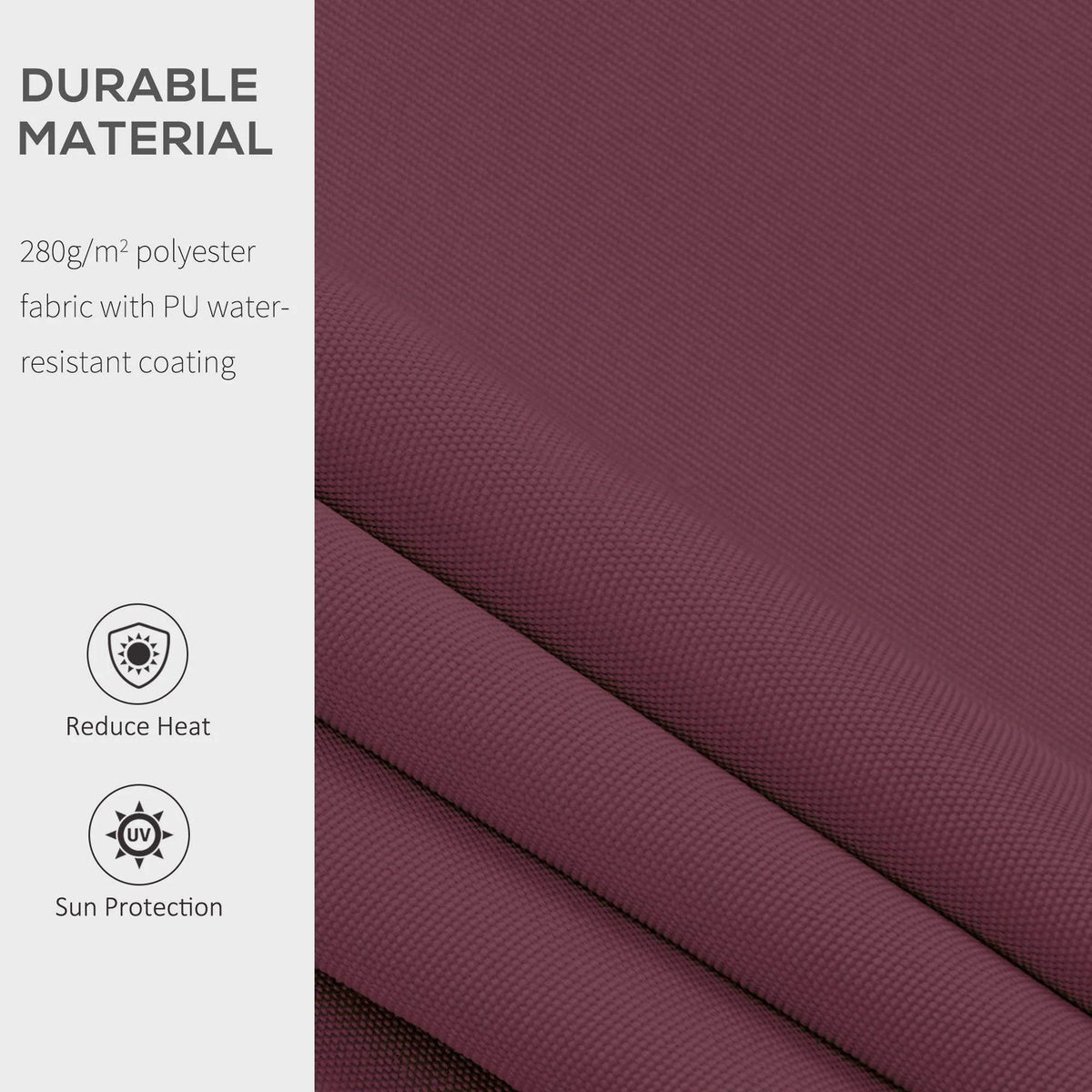 Durable 280g/m² polyester fabric with PU water-resistant coating, reduces heat and offers UV sun protection