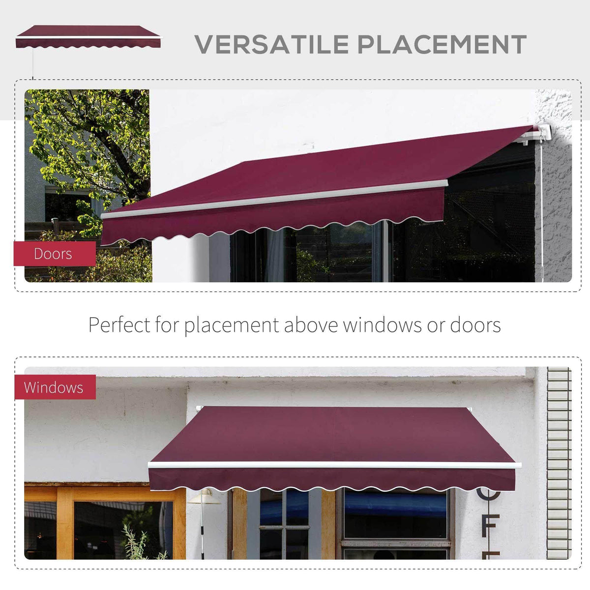 Burgundy retractable awning for doors and windows, providing shade and versatile outdoor coverage