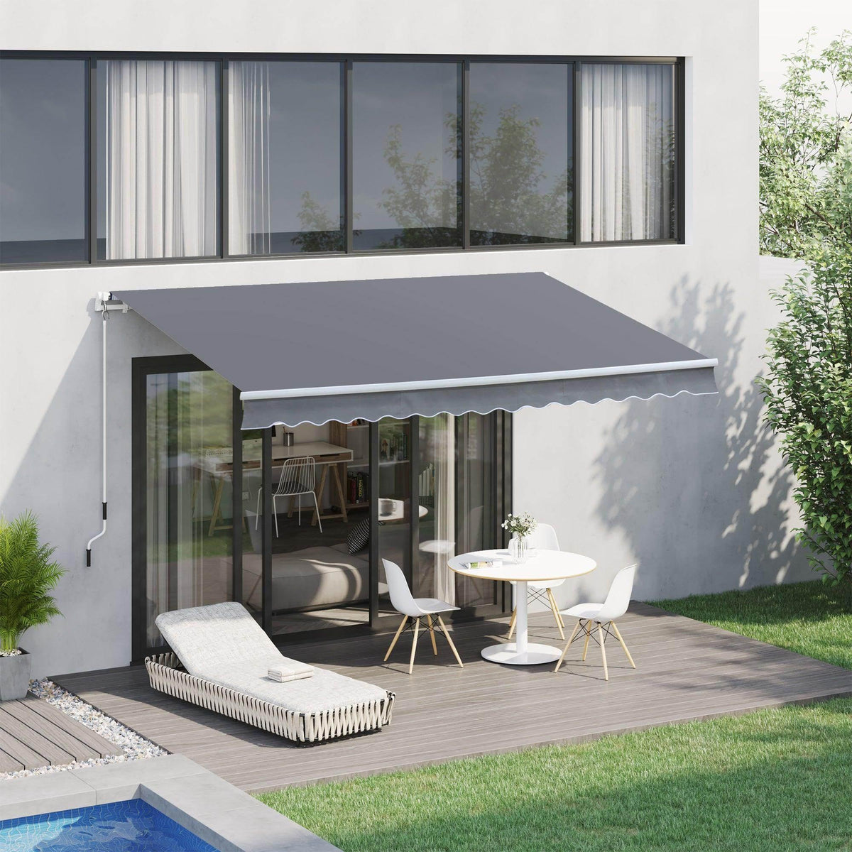 Grey retractable sun canopy awning with scalloped valance and extended roof