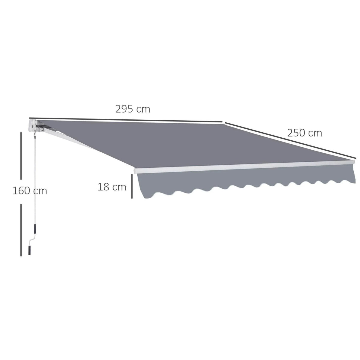 Grey retractable canopy awning profile with scalloped edge and support bar