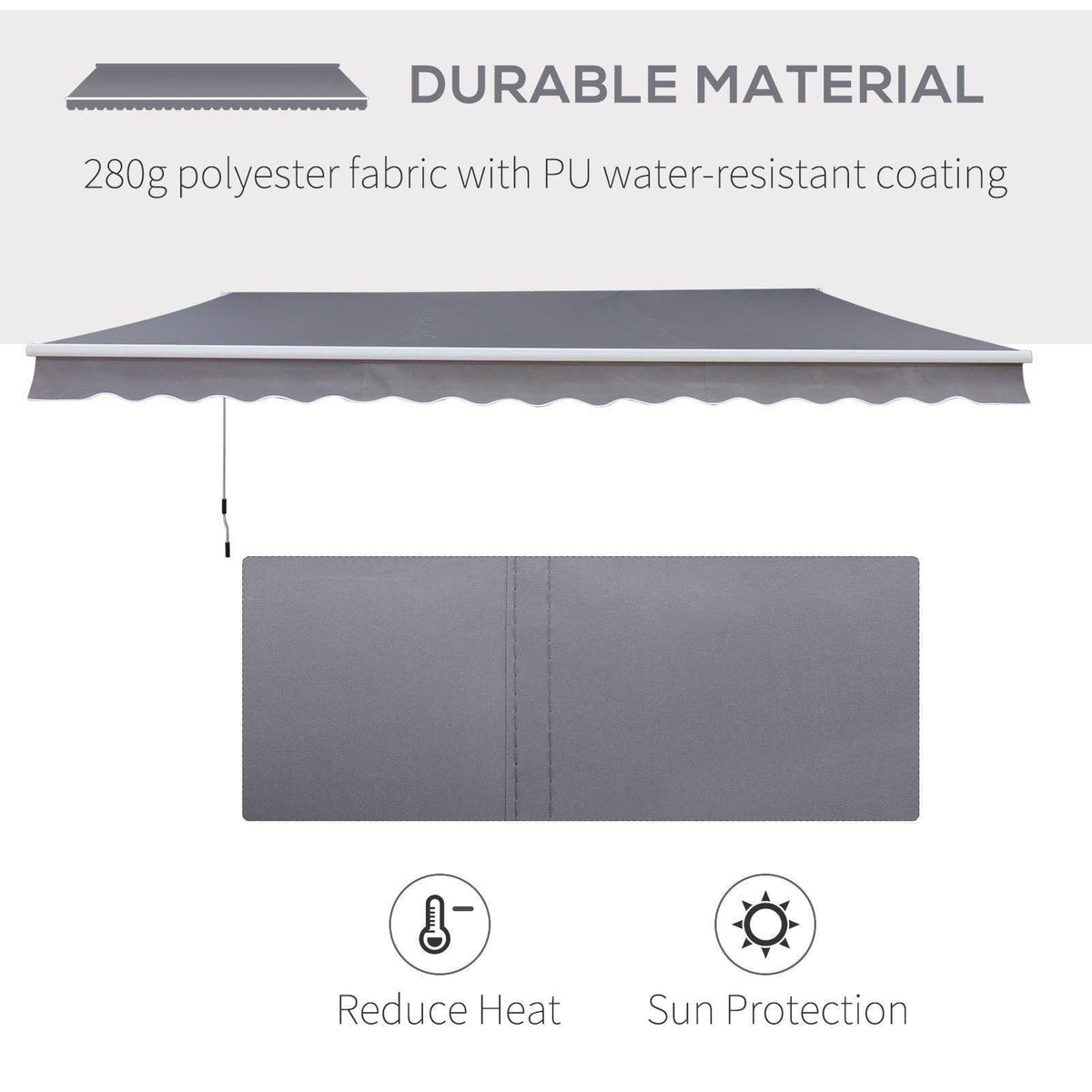 Grey retractable sun canopy awning with scalloped valance and hanging height markers