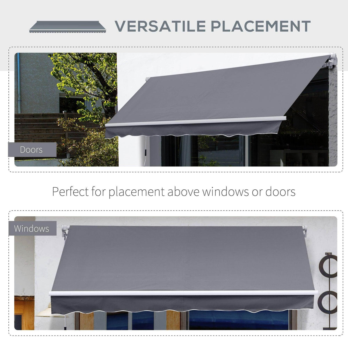 Grey retractable canopy awning for mounting above doors or windows with scalloped edge