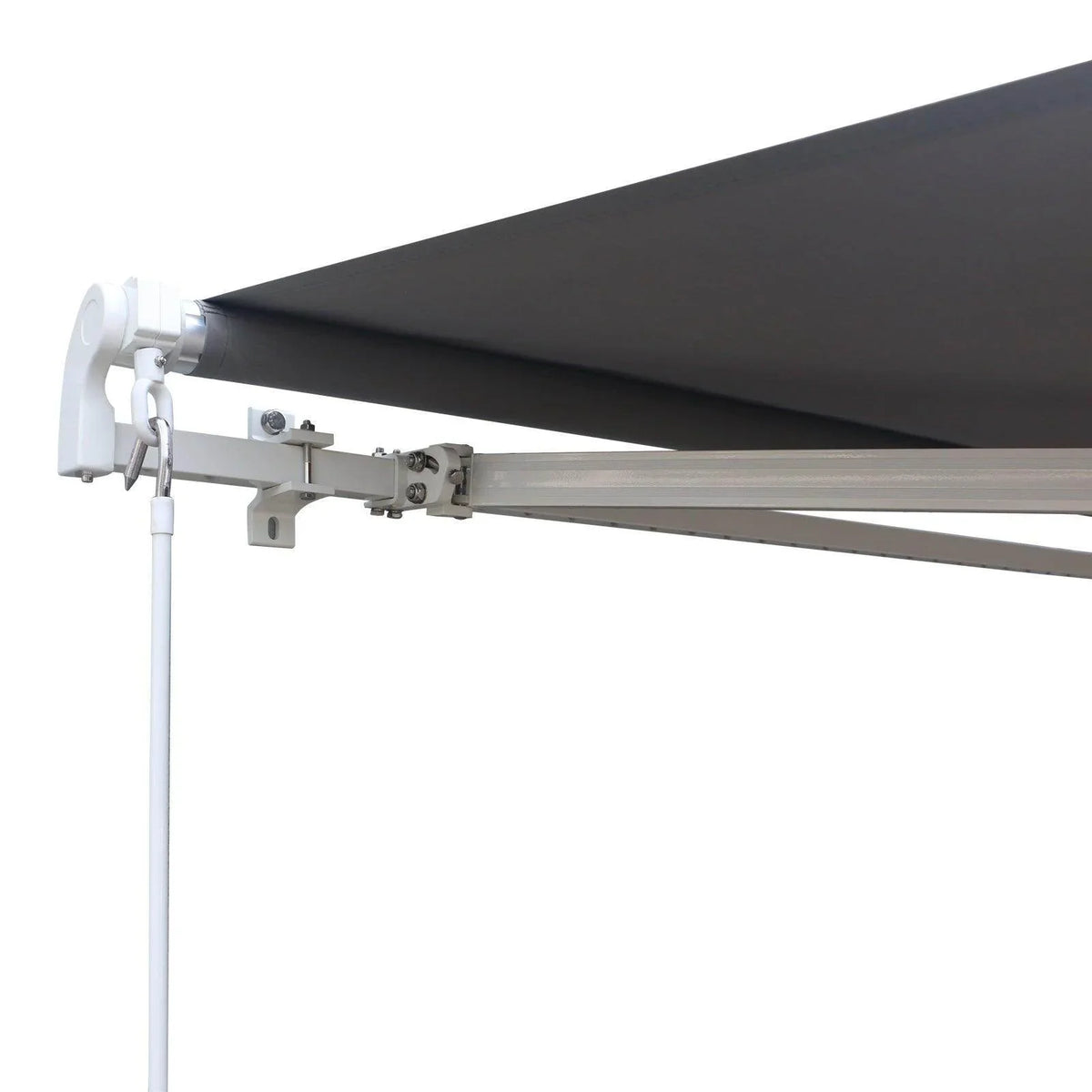 Retractable canopy awning arm assembly with white mounting bracket and grey fabric roof
