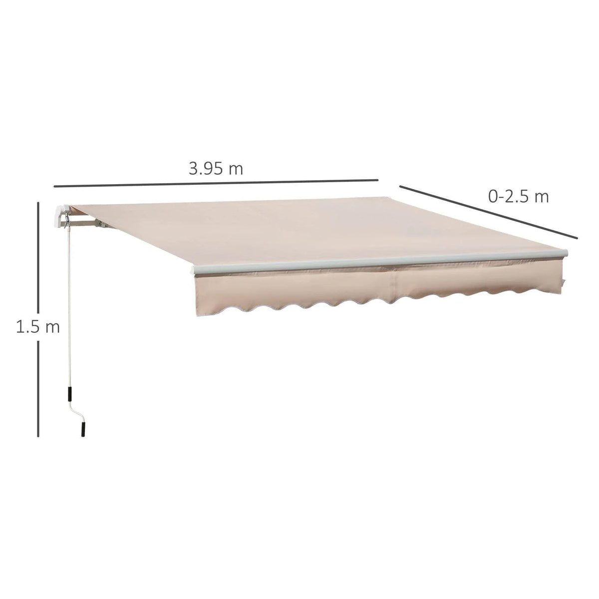 Beige retractable awning with scalloped edge, side view showing support arms