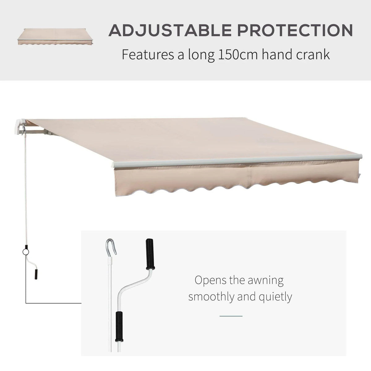 Beige retractable awning with hand crank winding mechanism and scalloped valance