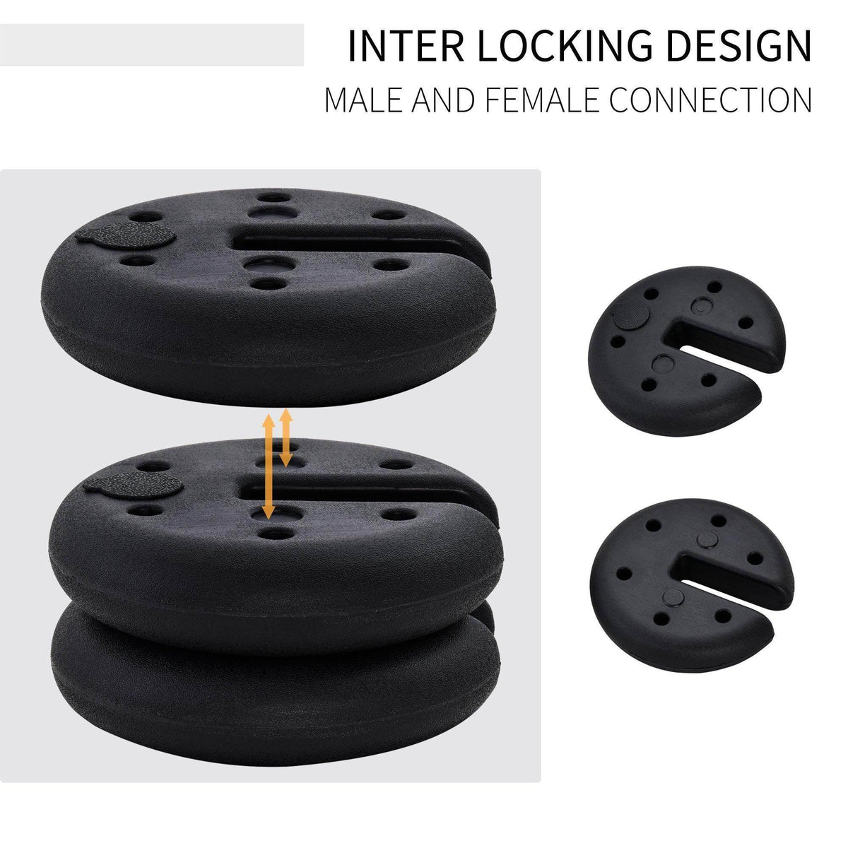 Stackable black weight plates with interlocking groove design and multiple pole-hole cutouts
