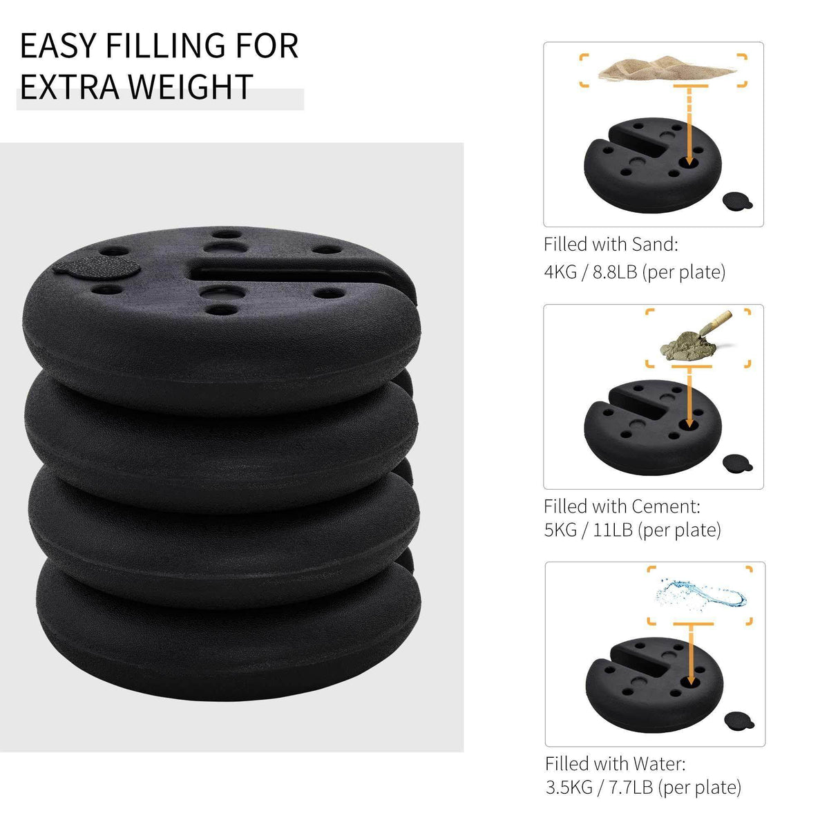 Black stacked weight plates designed for easy filling with sand, cement, or water