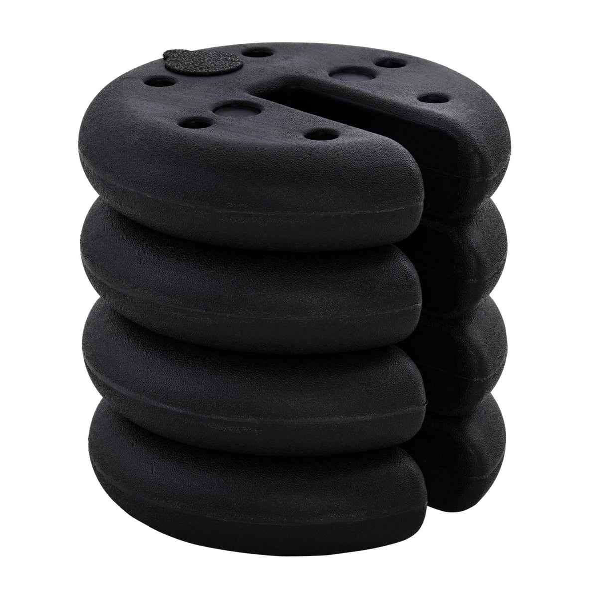 Four black stackable weight plates for gazebo legs, with top circular handle holes