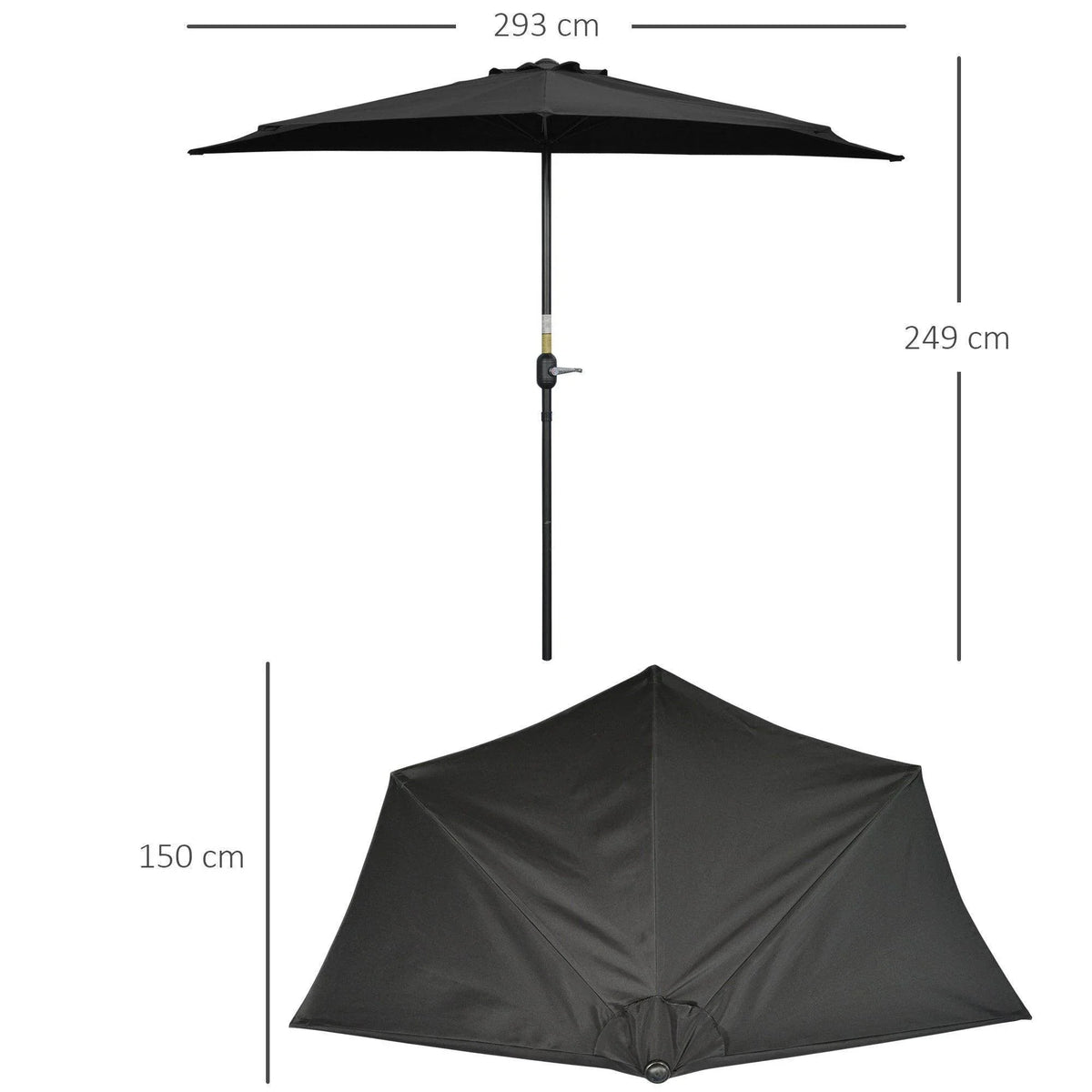 Black patio umbrella, open and closed views with center pole and crank control.