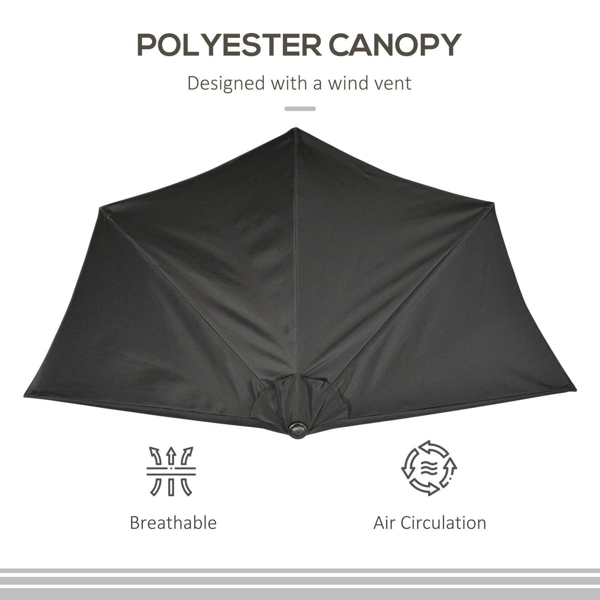 Black patio umbrella canopy with center vent and fabric panels, shown folded open.