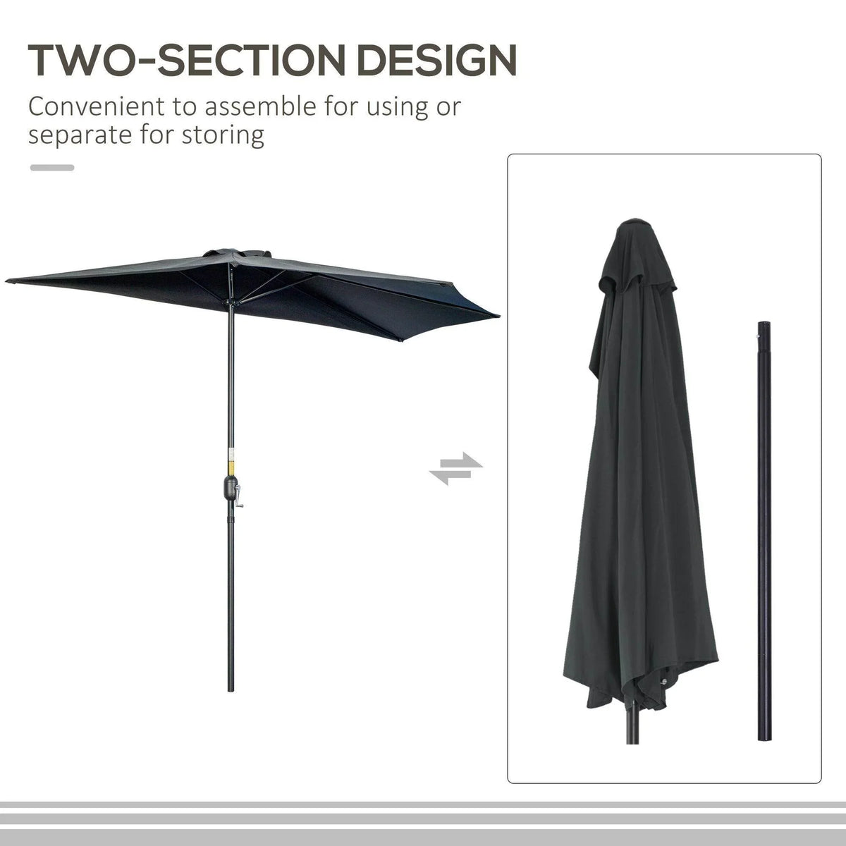 Black patio umbrella with two-section design, open canopy and storage cover shown.