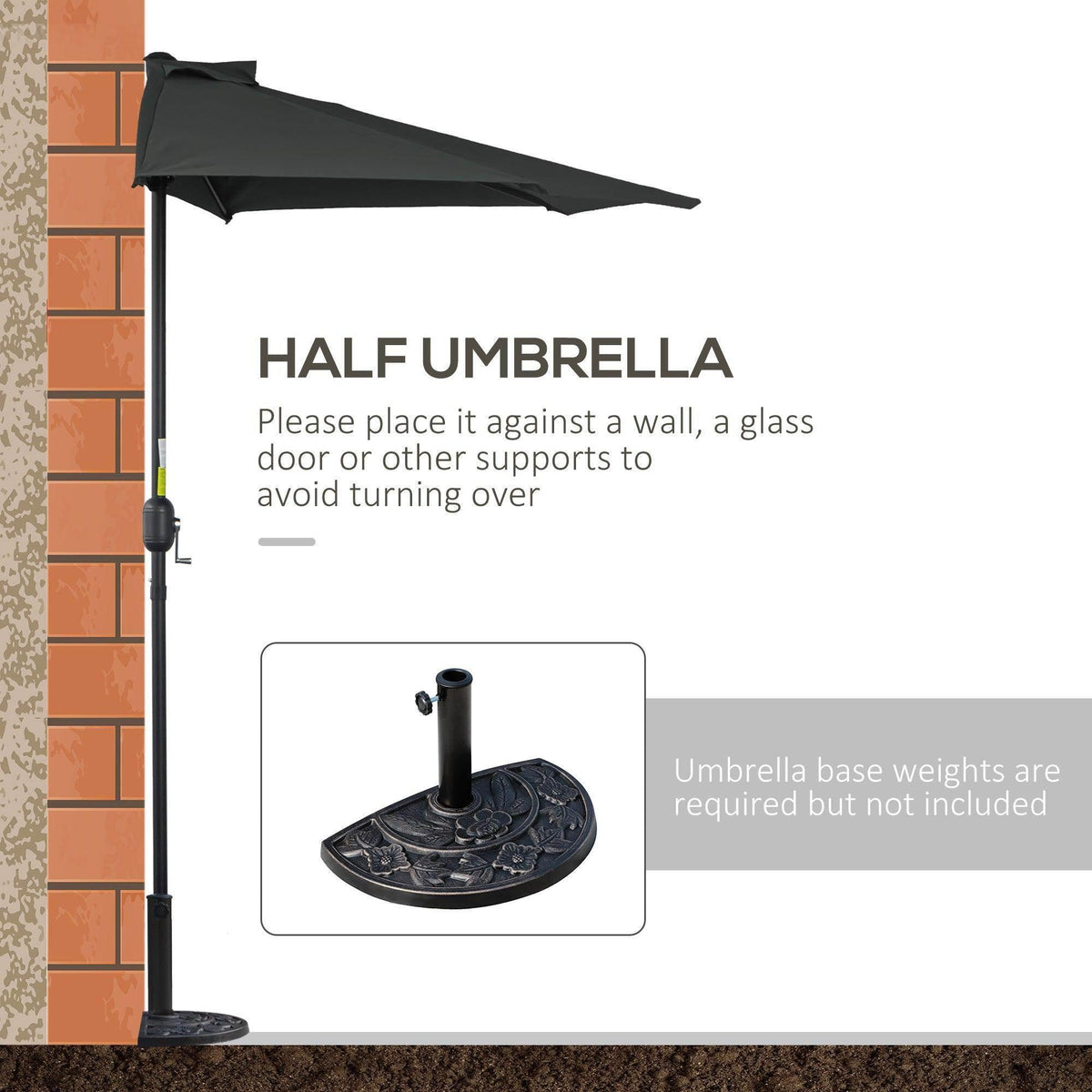Black half patio umbrella with metal stand pole and canopy, wall-side placement.