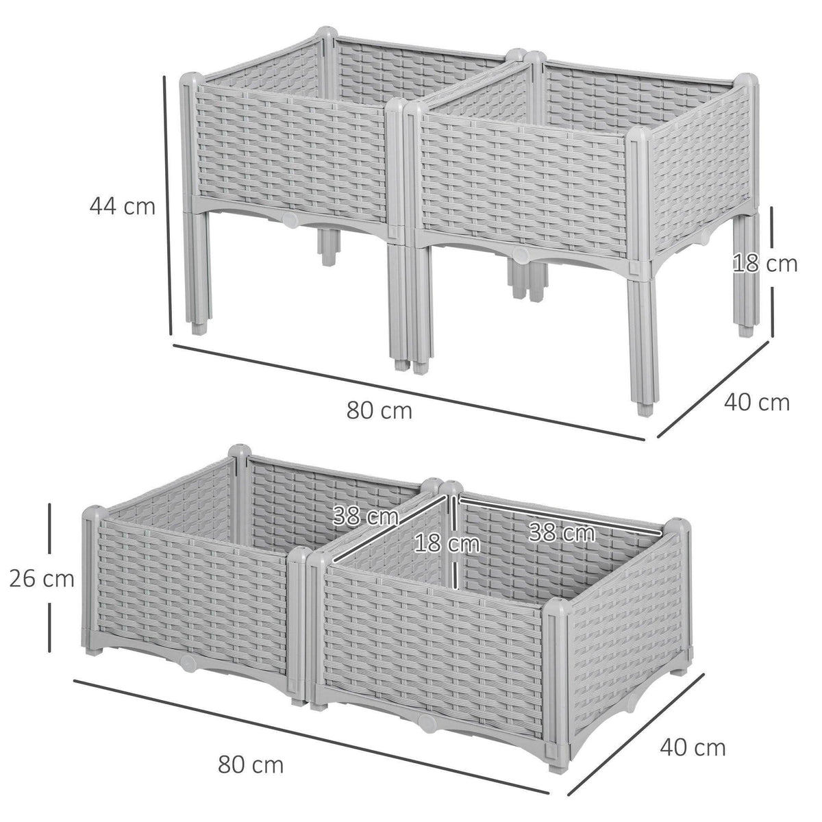 Light grey raised garden bed set with woven panels and four support legs, size diagram.