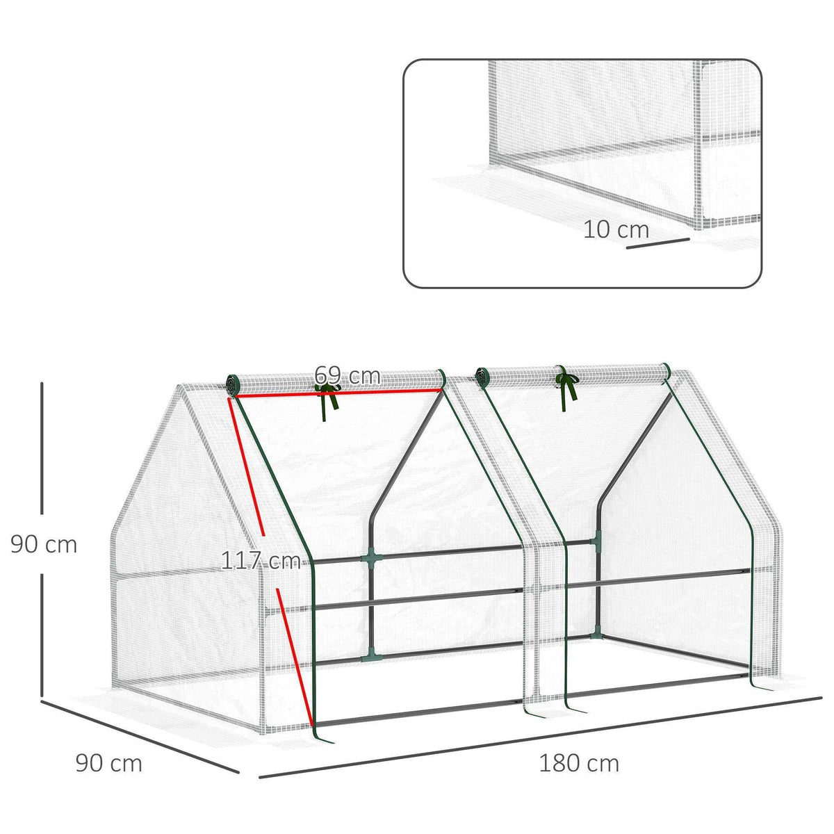 Small white greenhouse with clear PE mesh cover, arched roof, and front frame panels
