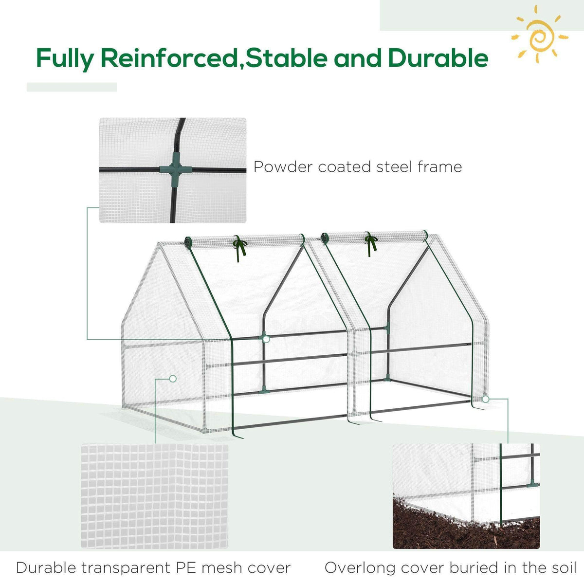 Powder-coated steel frame greenhouse with transparent PE mesh cover and buried side skirt