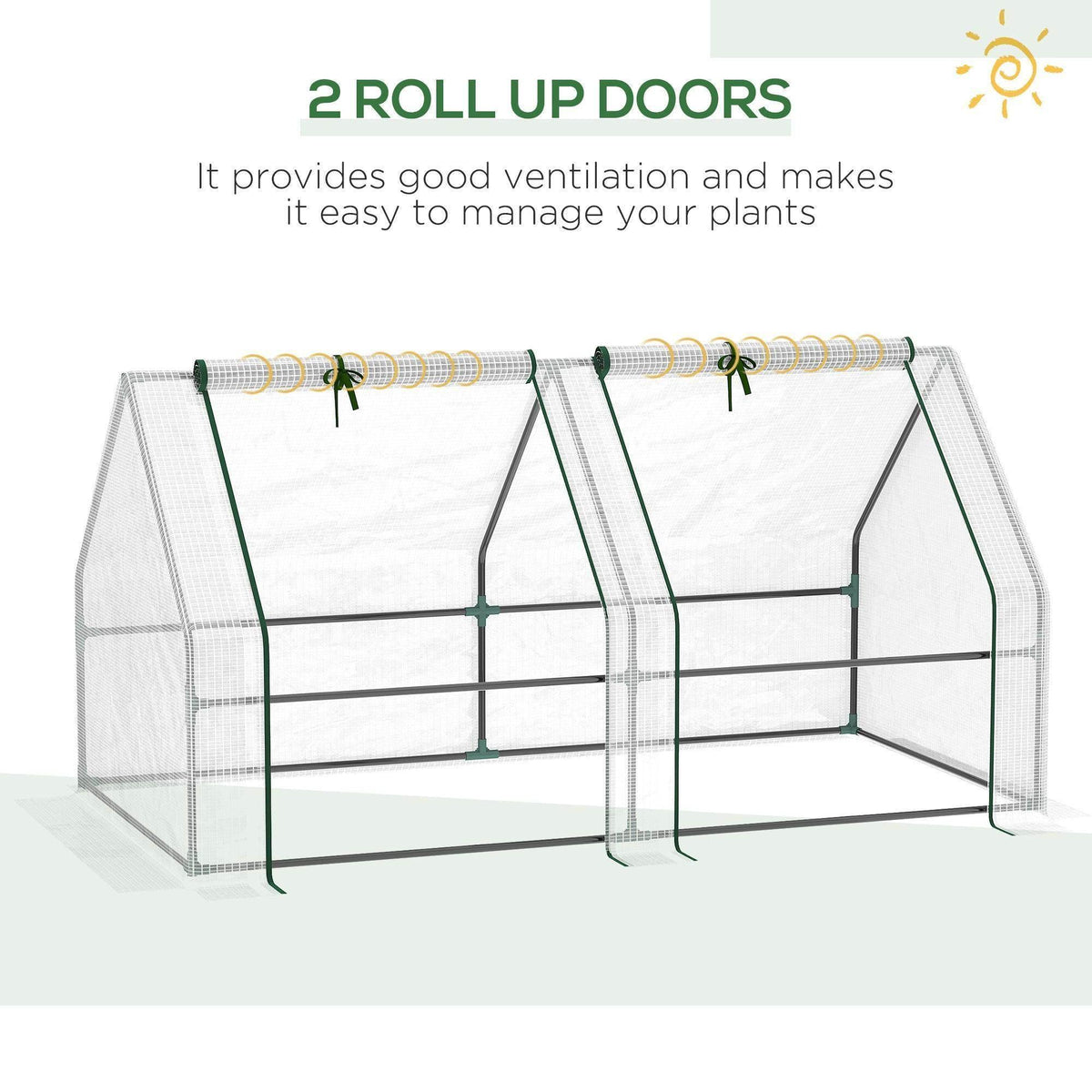 White greenhouse with two roll-up doors for ventilation and clear PE mesh walls