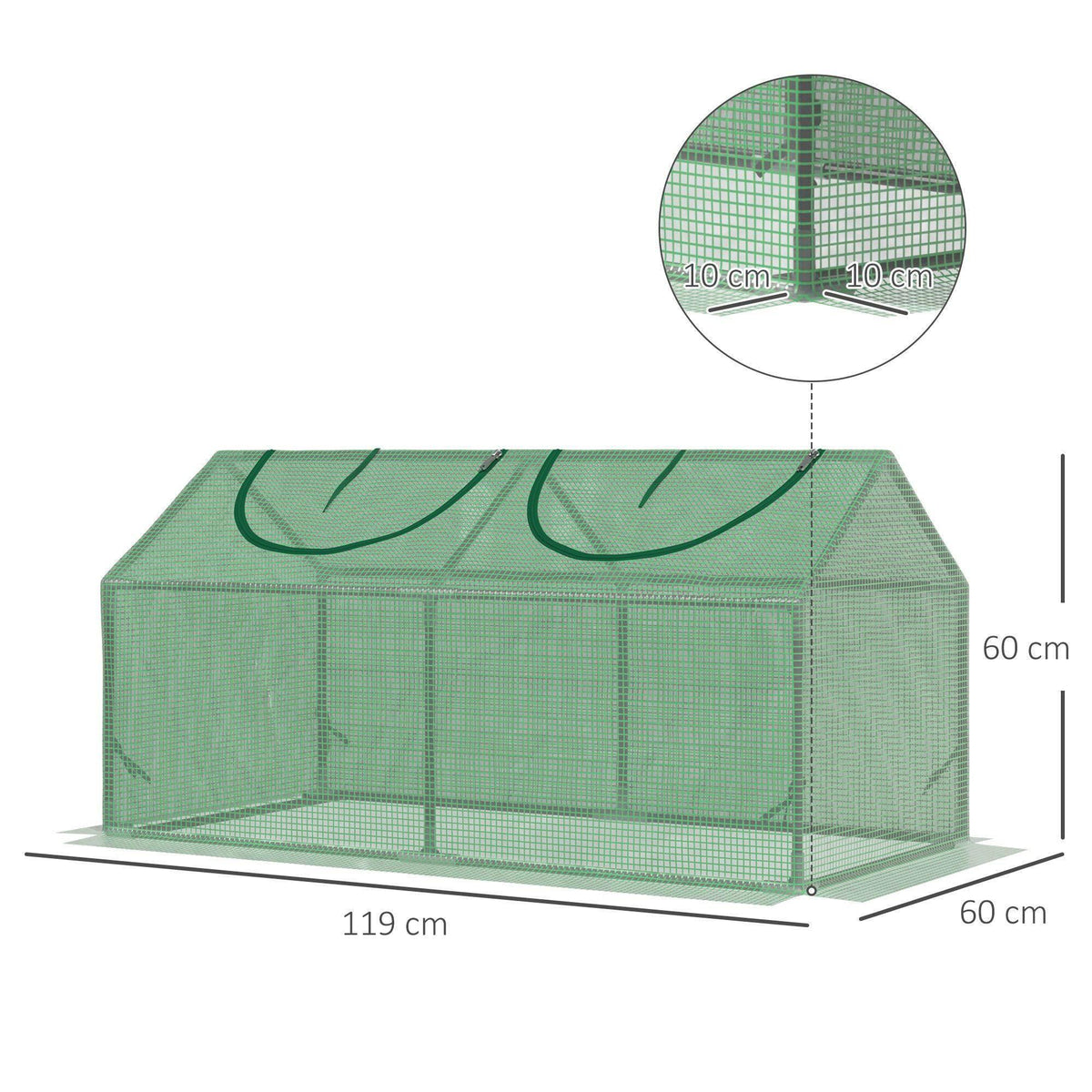 Compact green greenhouse tent with dual roll-up front windows, with size diagram