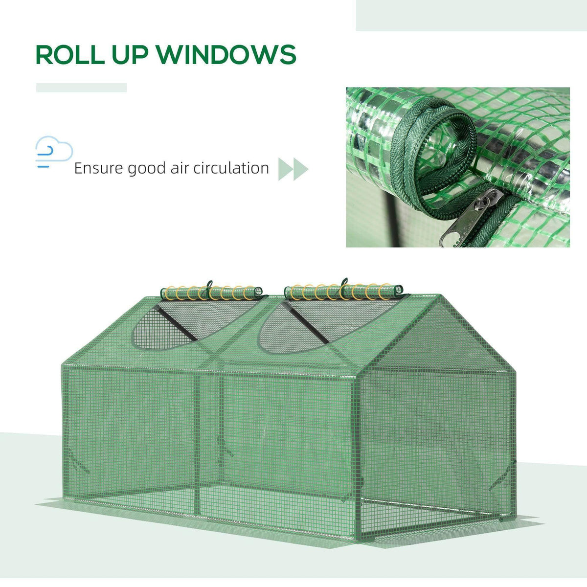 Green greenhouse tent with roll-up windows and top zipper access on the cover